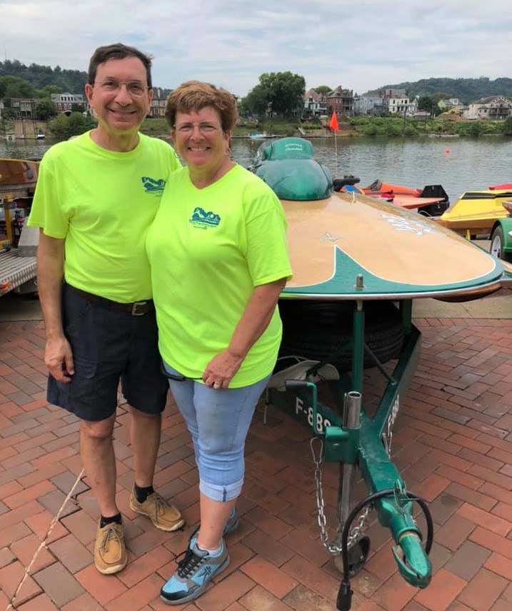 Dan and Debbie Joseph pose in front of the F-888 Jade Dragon at the 2019 Wheeling Vintage regatta. Photo provided by Debbie Joseph.