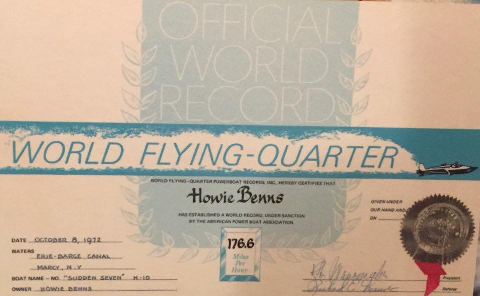 Howie Benn’s original APBA-issued world record certificate for the fastest quarter-mile.